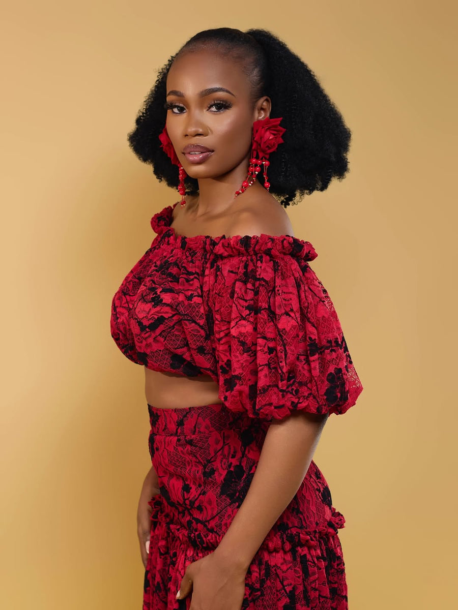 ENSEMBLE JUPE DENTELLES ROUGE NOIR