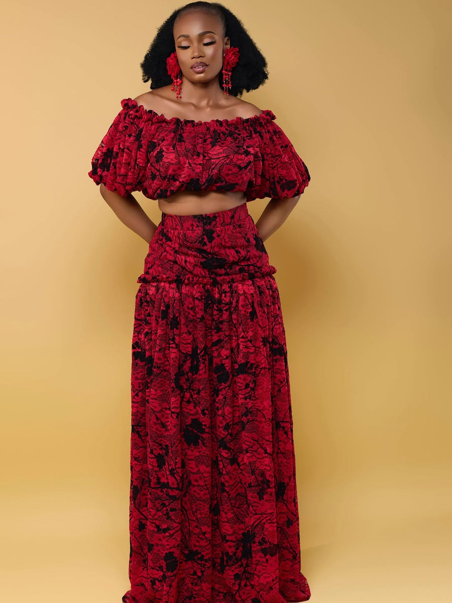 ENSEMBLE JUPE DENTELLES ROUGE NOIR