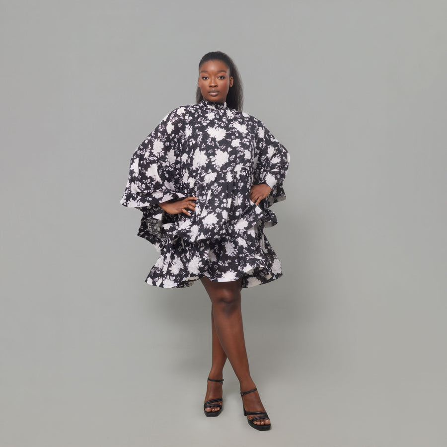 ROBE WAVE FLEURIE BLANC NOIR